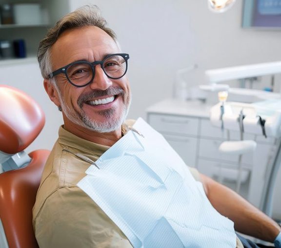 Happy middle-aged dental patient in treatment chair