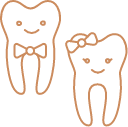 Two animated teeth dressed as children representing children's dentistry