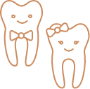 Two animated teeth dressed as children