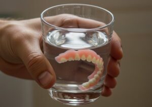 Dentures soaking in water.
